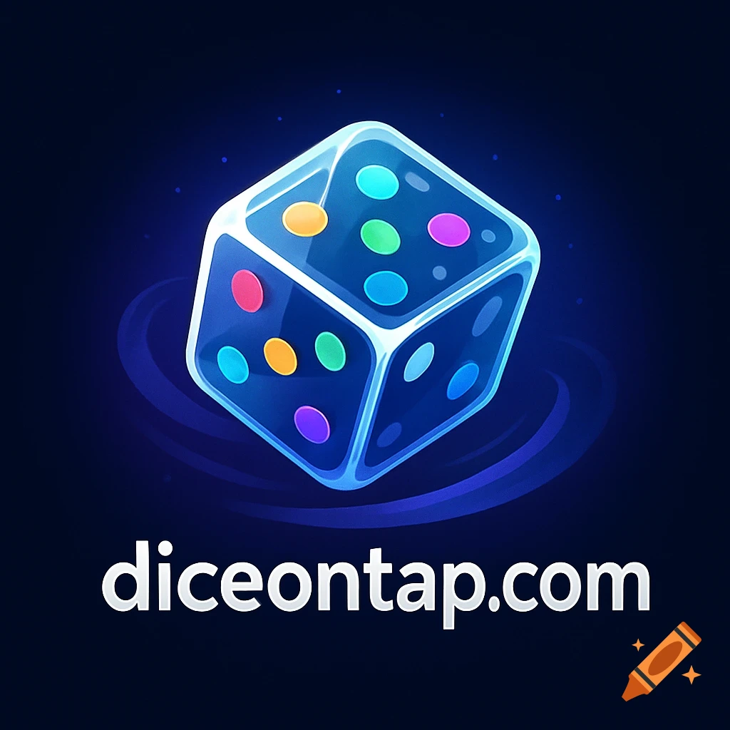 A logo featuring a glowing, translucent dice with colorful pips, and the text 'diceontap.com' below it on a dark blue background.
