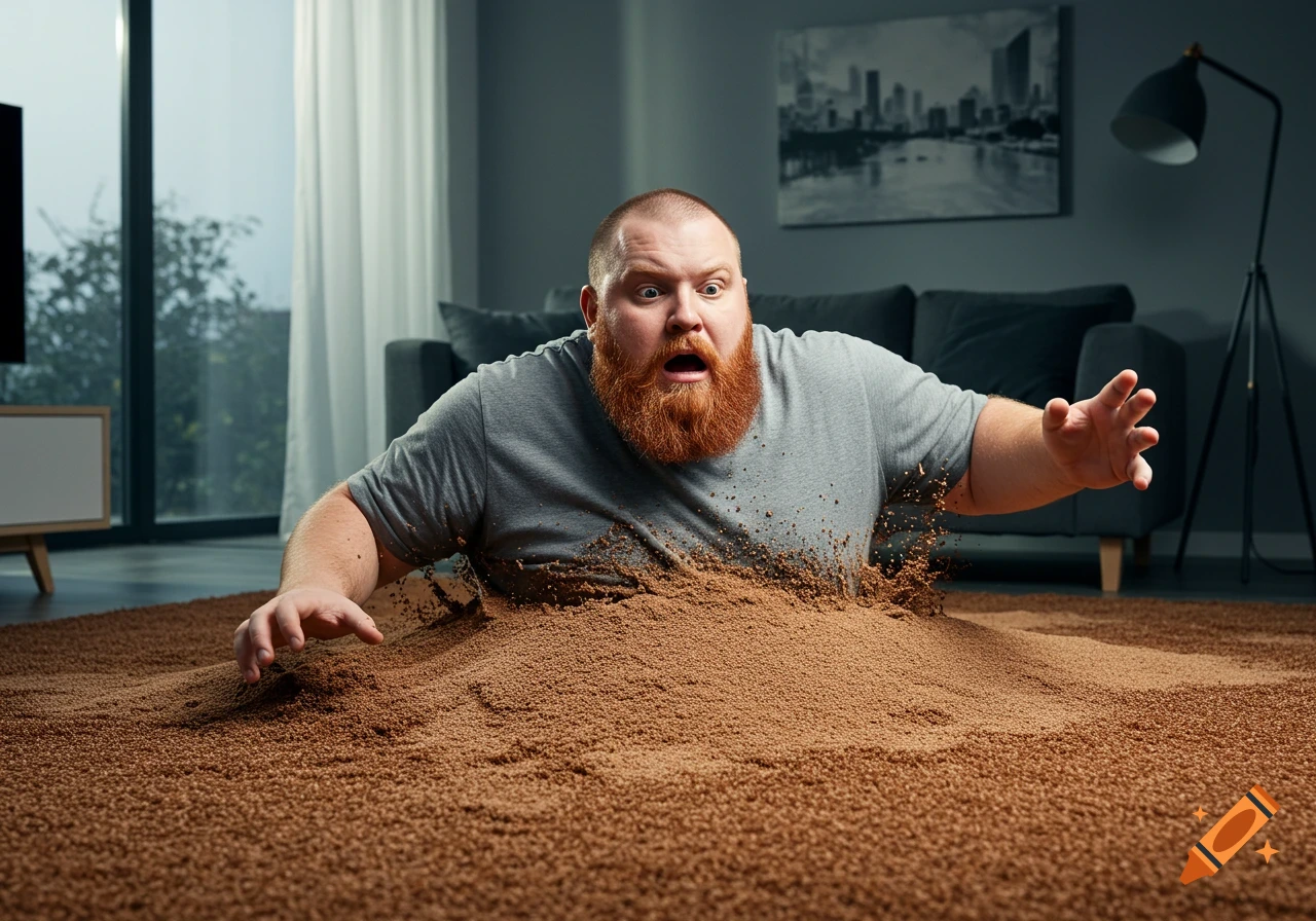 A surprised stout man with a red beard sinks into a brown carpet resembling quicksand in a modern living room.