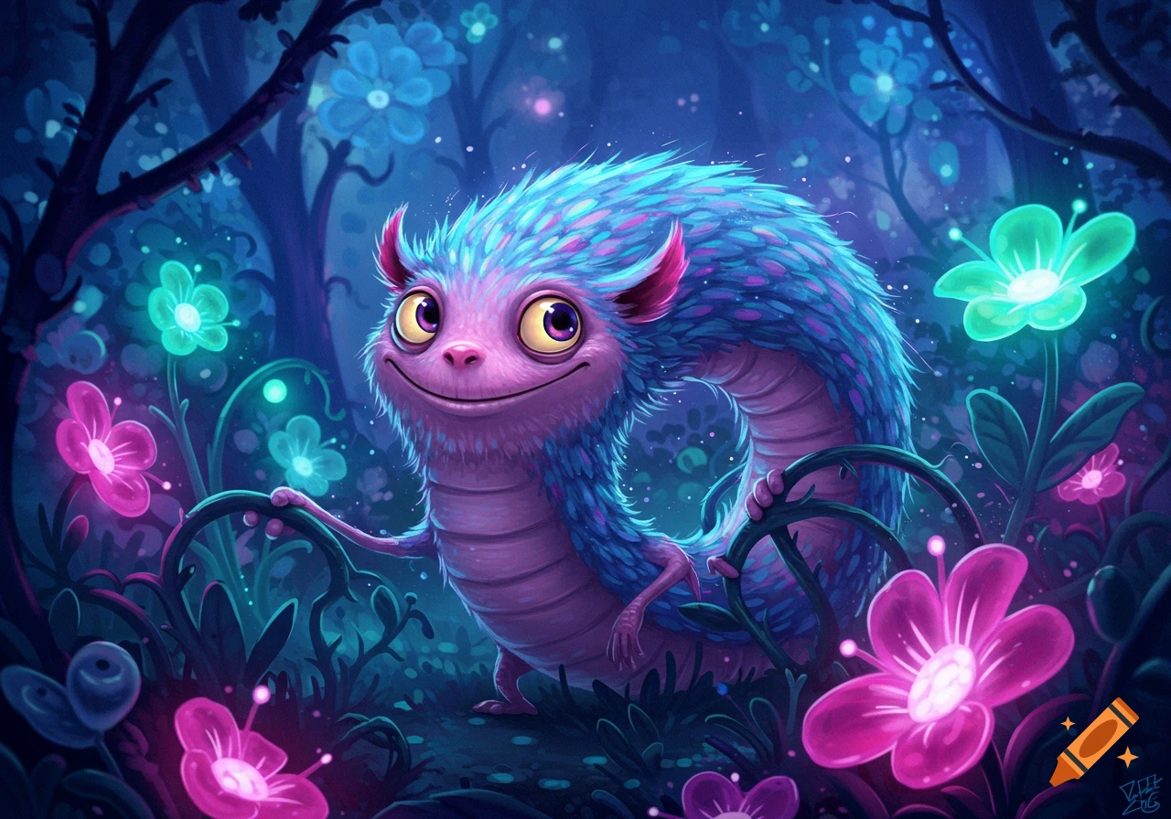 A cute, fluffy blue and purple fantasy creature with large yellow eyes smiles in a whimsical, glowing magical forest.