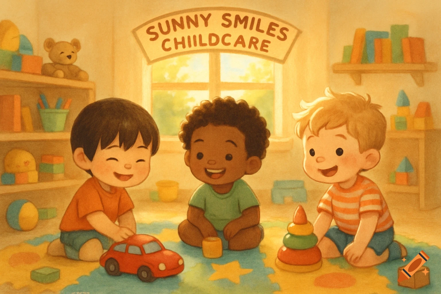 Three diverse young children play with a red car and stacking rings on a colorful mat in a sunny childcare room, illustrated.