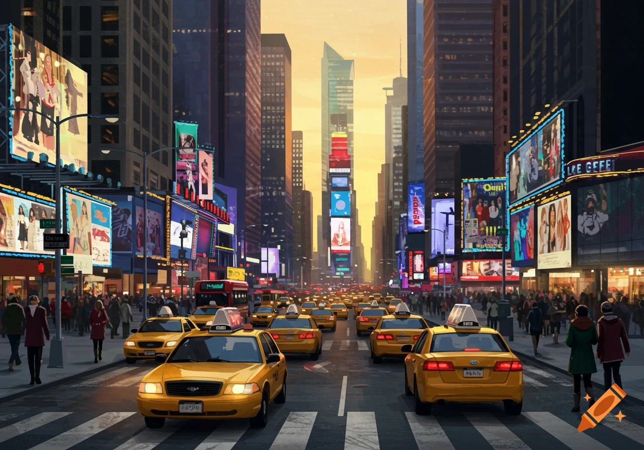 Stylized illustration of a busy New York City street with numerous yellow taxis, towering skyscrapers, and bright billboards at dusk.