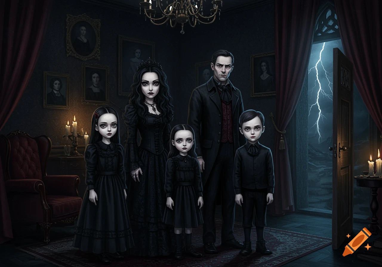 A stylized portrait of a creepy goth family in black attire, standing in a dark, ornate room as lightning strikes outside a doorway.