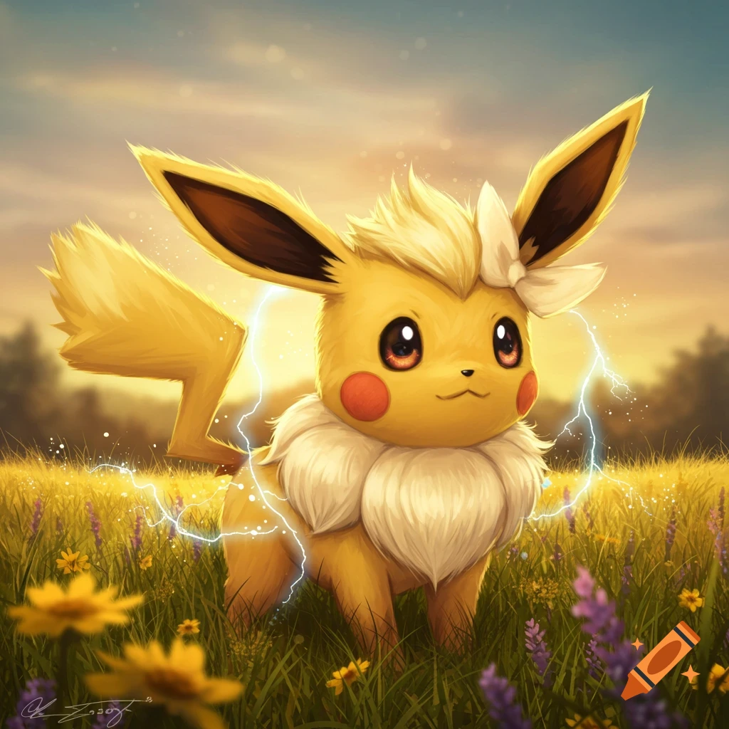 Fluffy yellow Pikachu-Eevee hybrid with red cheeks and large ears stands in a flower field at sunset, electric sparks around it.