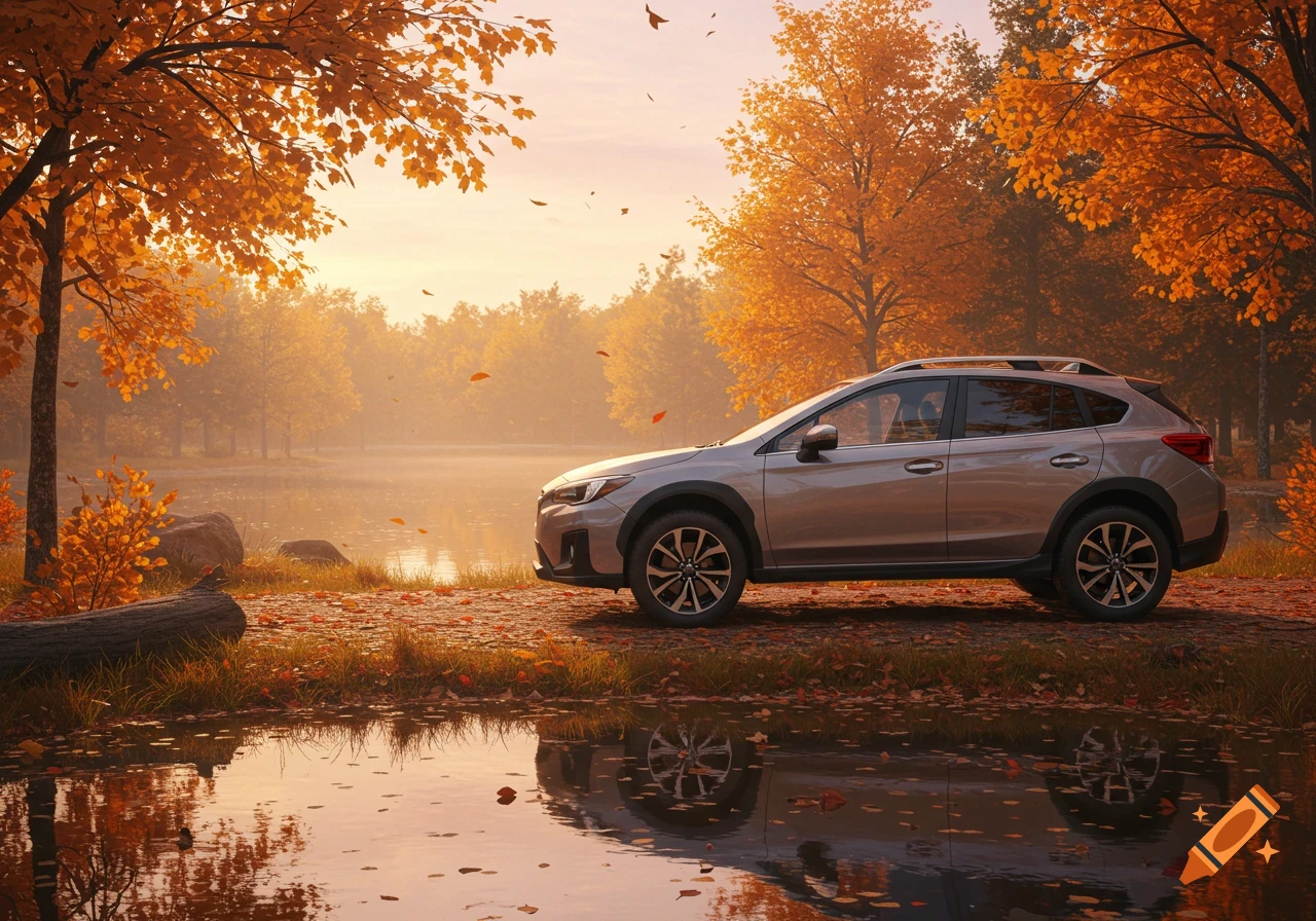 Silver Subaru Crosstrek parked by a pond with reflections, surrounded by colorful autumn trees and fallen leaves on a hazy day.