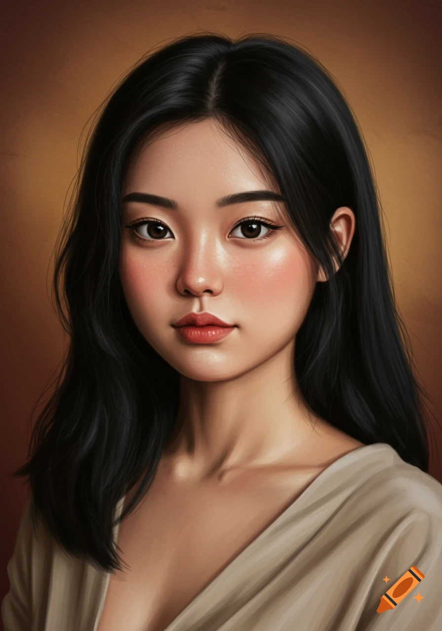 Photorealistic portrait of a young woman with long black hair, fair skin, and a light-colored top.