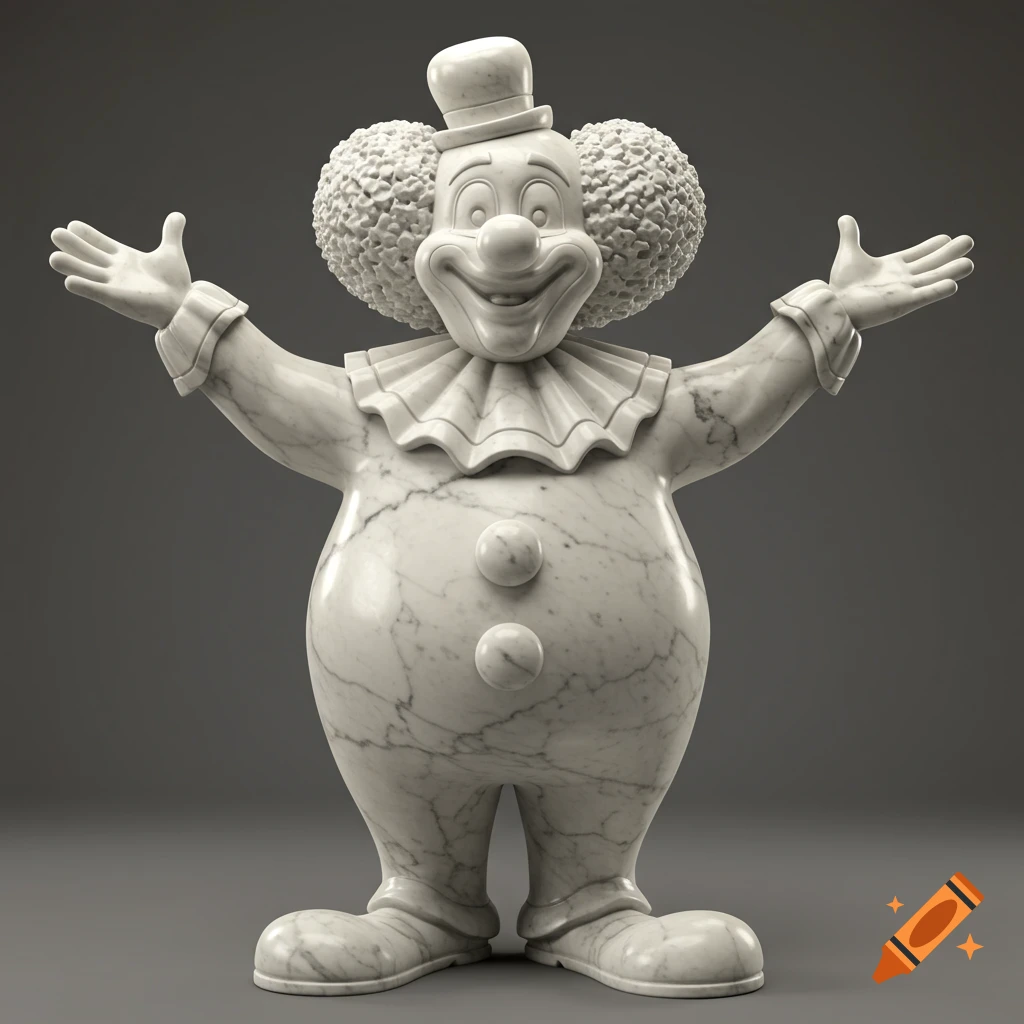 A photorealistic marble sculpture of Bozo the Clown with arms outstretched, against a gray background.