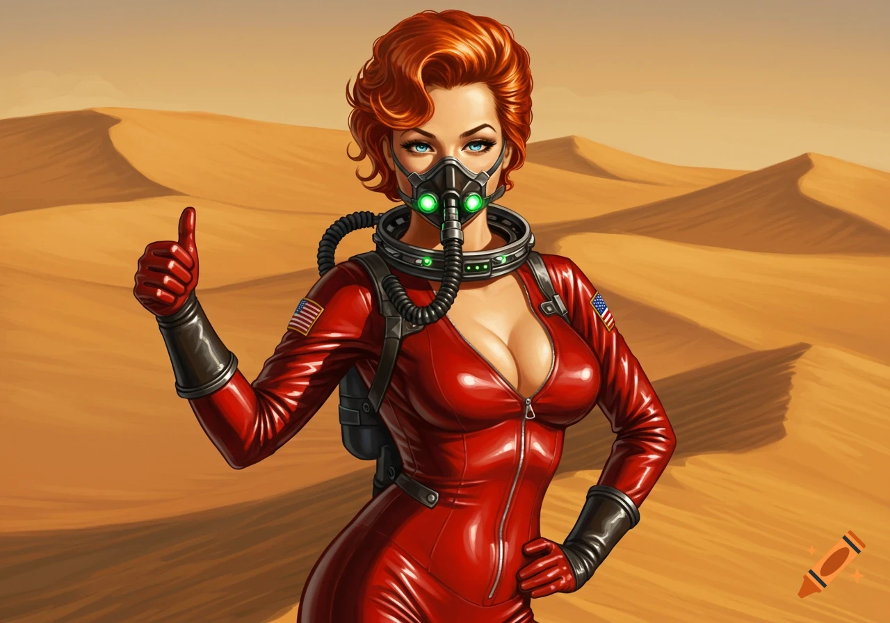 A glamorous woman with red hair and blue eyes, wearing a tight red latex spacesuit, a black mask with green lights, and a USA flag patch, gives a thumbs up on Mars dunes in a pin-up art style.