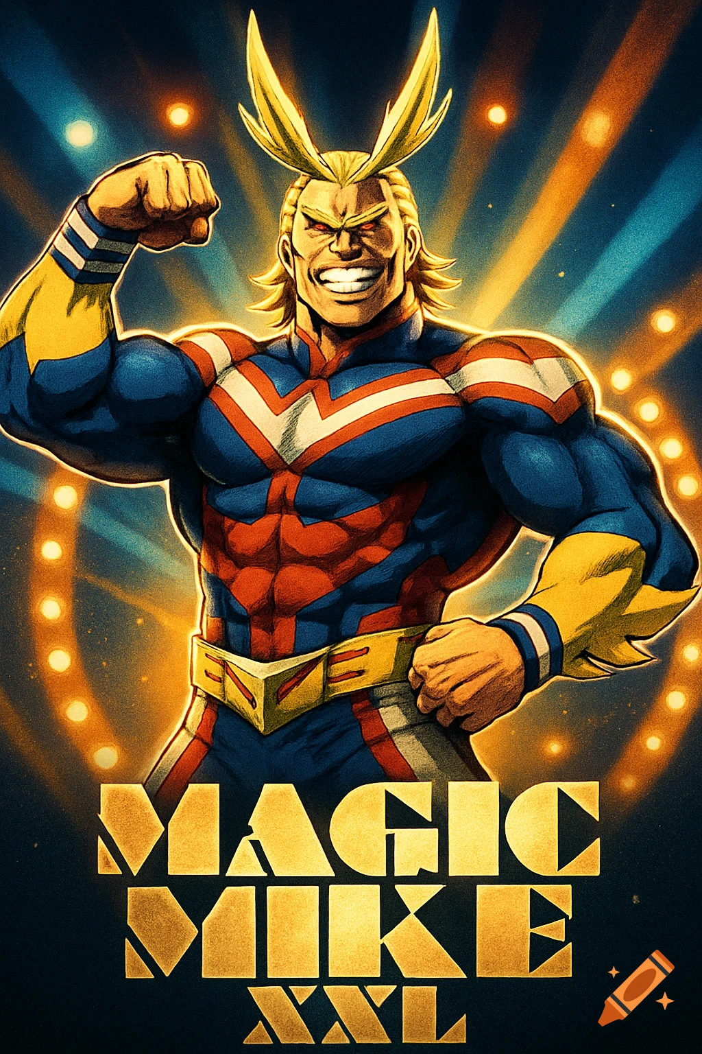 A muscular All Might in his superhero costume smiles and flexes against a dark, spotlight-filled background. The text "MAGIC MIKE XXL" is at the bottom, in a bold, golden comic book art style.
