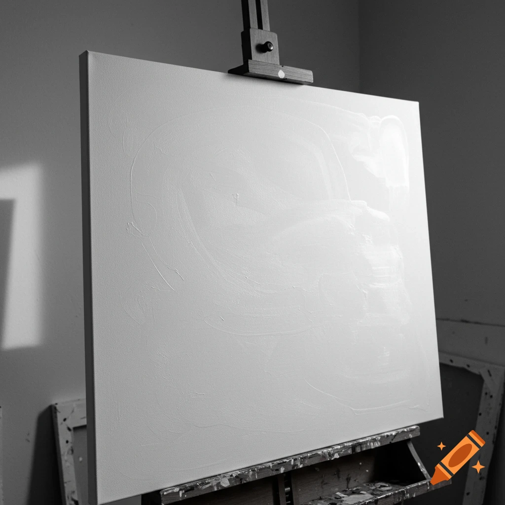 A black and white photo of a blank white canvas on a wooden easel in an art studio.