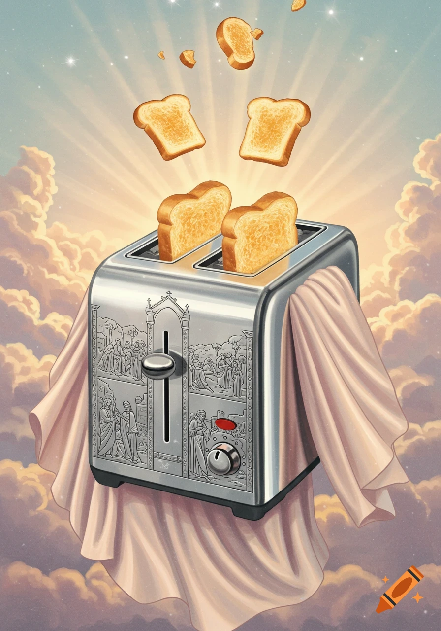 A chrome toaster draped in robes floats in a celestial sky, glowing, with toast popping out and biblical engravings on its side.