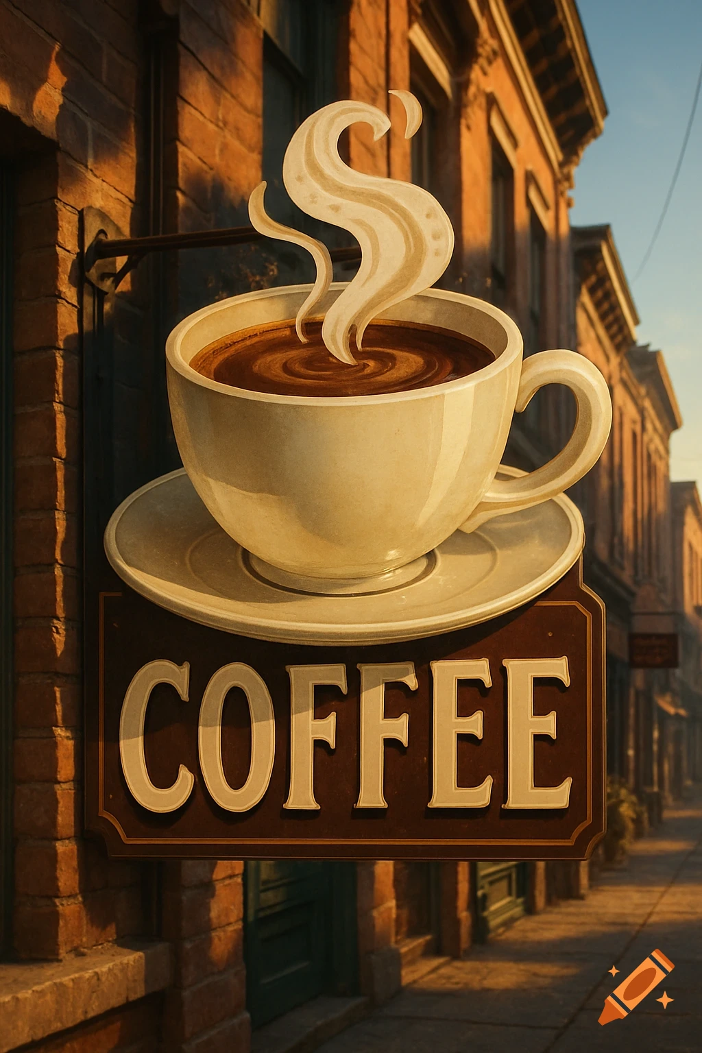A vintage-style illustration of a steaming coffee cup sign hanging from a brick building on a sunlit street.
