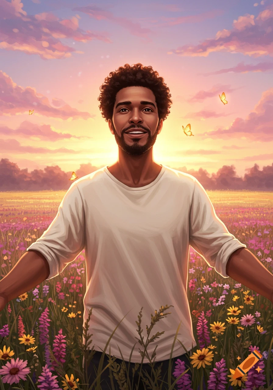 Digital painting of a smiling Black man with curly hair standing in a vibrant wildflower field at sunset, arms outstretched.