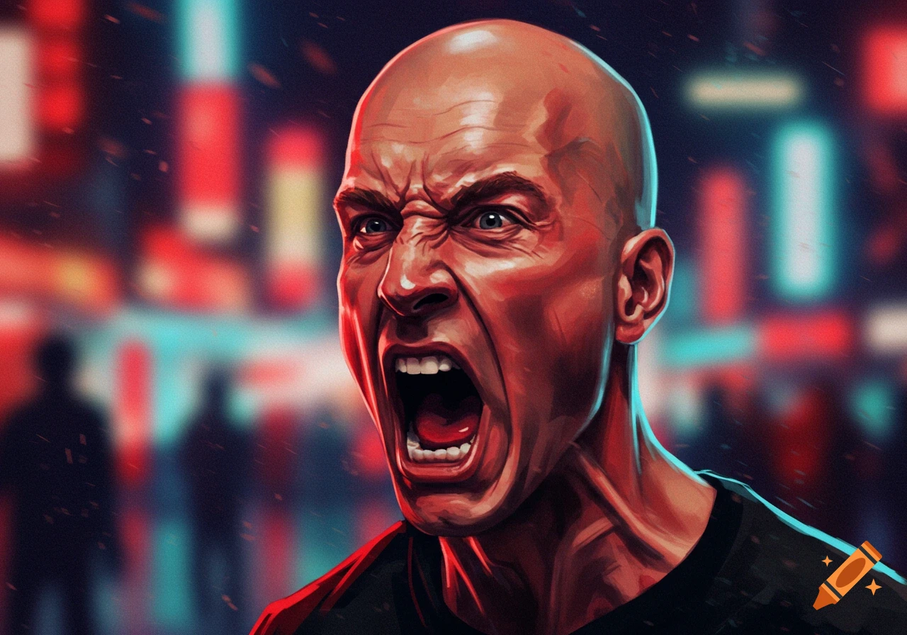 A close-up, stylized illustration of a bald man with a red-tinged face yelling intensely, set against a blurry, colorful background.