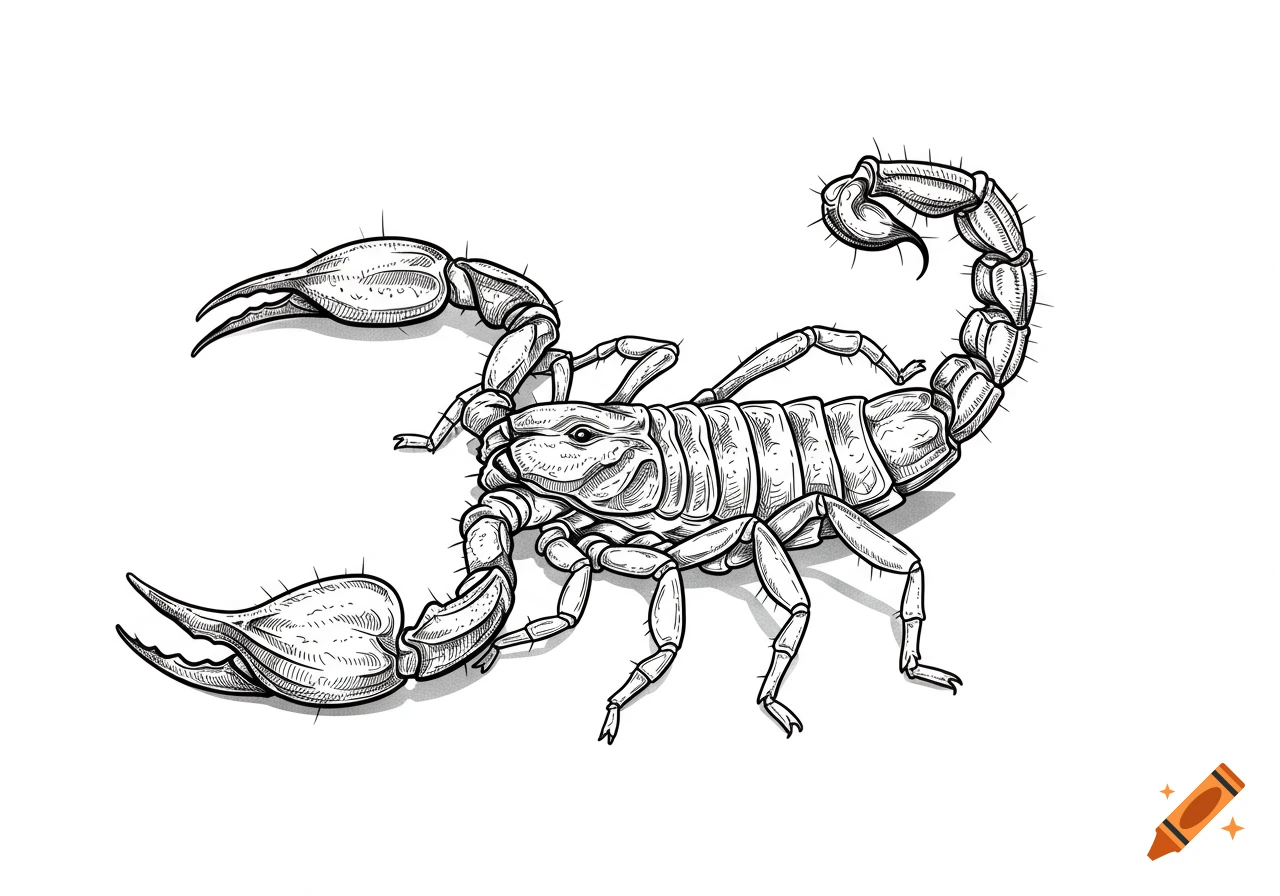 A detailed black and white line art illustration of a scorpion with its tail curled and pincers open.