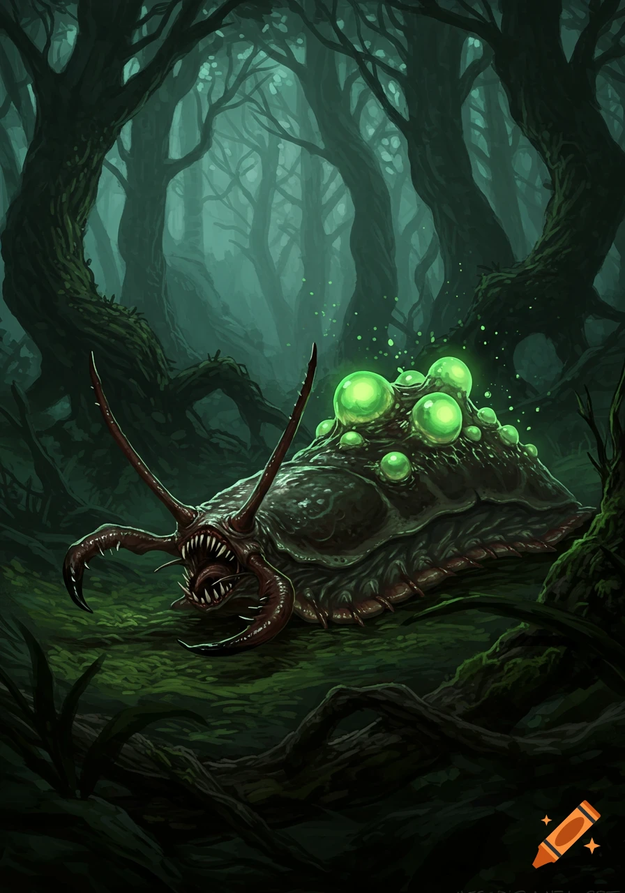 Digital painting of a monstrous carrion slug with glowing green sacs and large mandibles in a dark, overgrown forest.