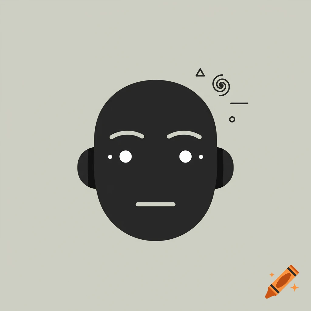 Minimalist black avatar head with white dot eyes and a line mouth, with a triangle and spiral symbols above it on a gray background.