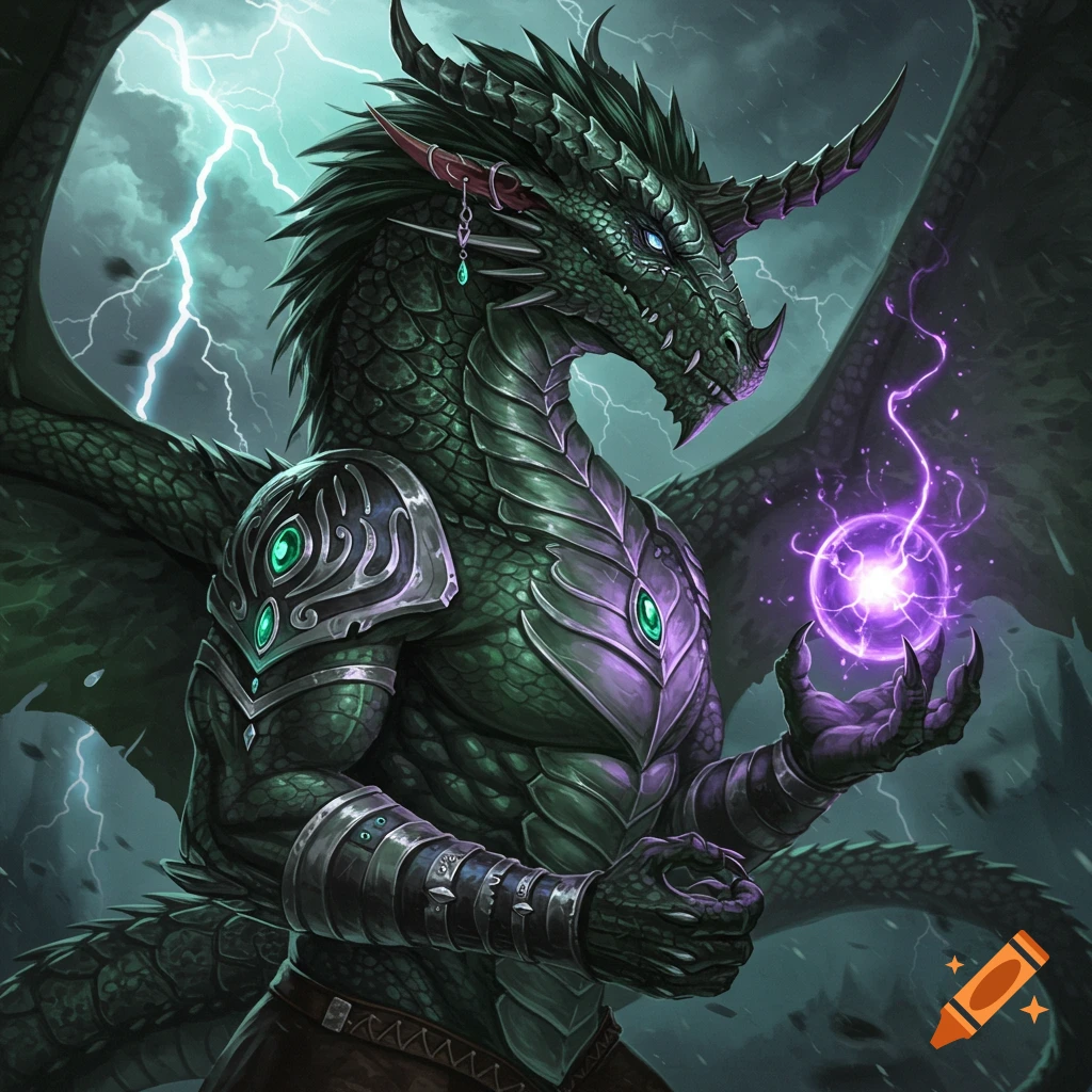 Green dragon-like creature in armor with a broken horn, holding a glowing purple orb against a stormy, lightning-filled sky.