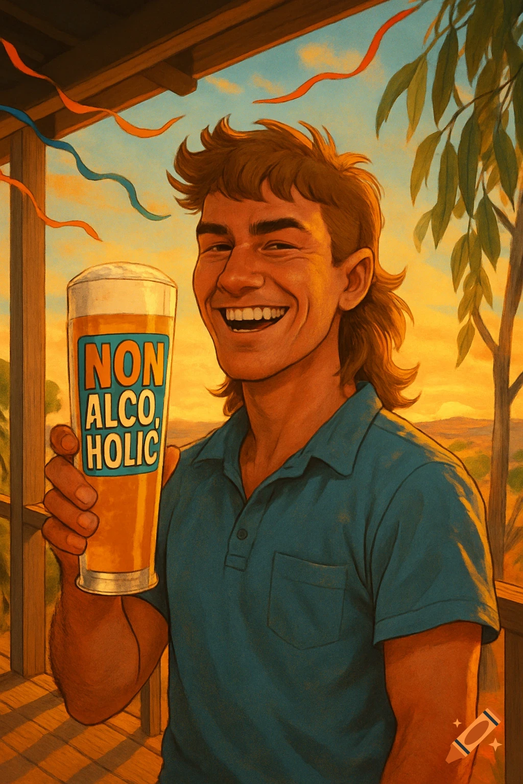 A smiling man with a mullet holds up a glass of non-alcoholic beer on a sunny outdoor porch in an illustrative style.