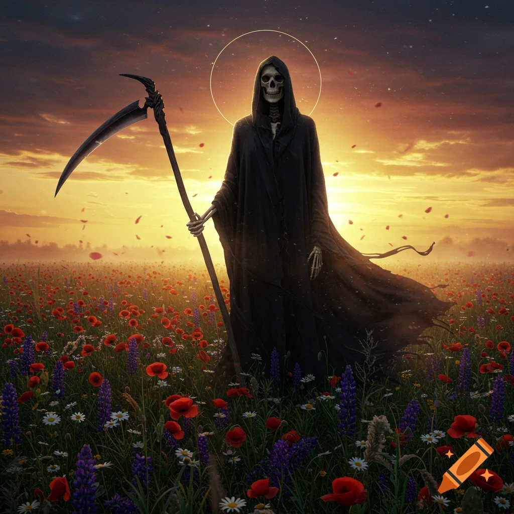 A skeletal Grim Reaper in a black robe, holding a scythe, stands in a vibrant field of flowers under a dramatic sunset, with a subtle halo.