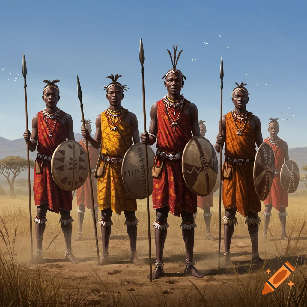 Group of African warriors in traditional red and yellow garments, holding spears and shields, standing in a savanna.