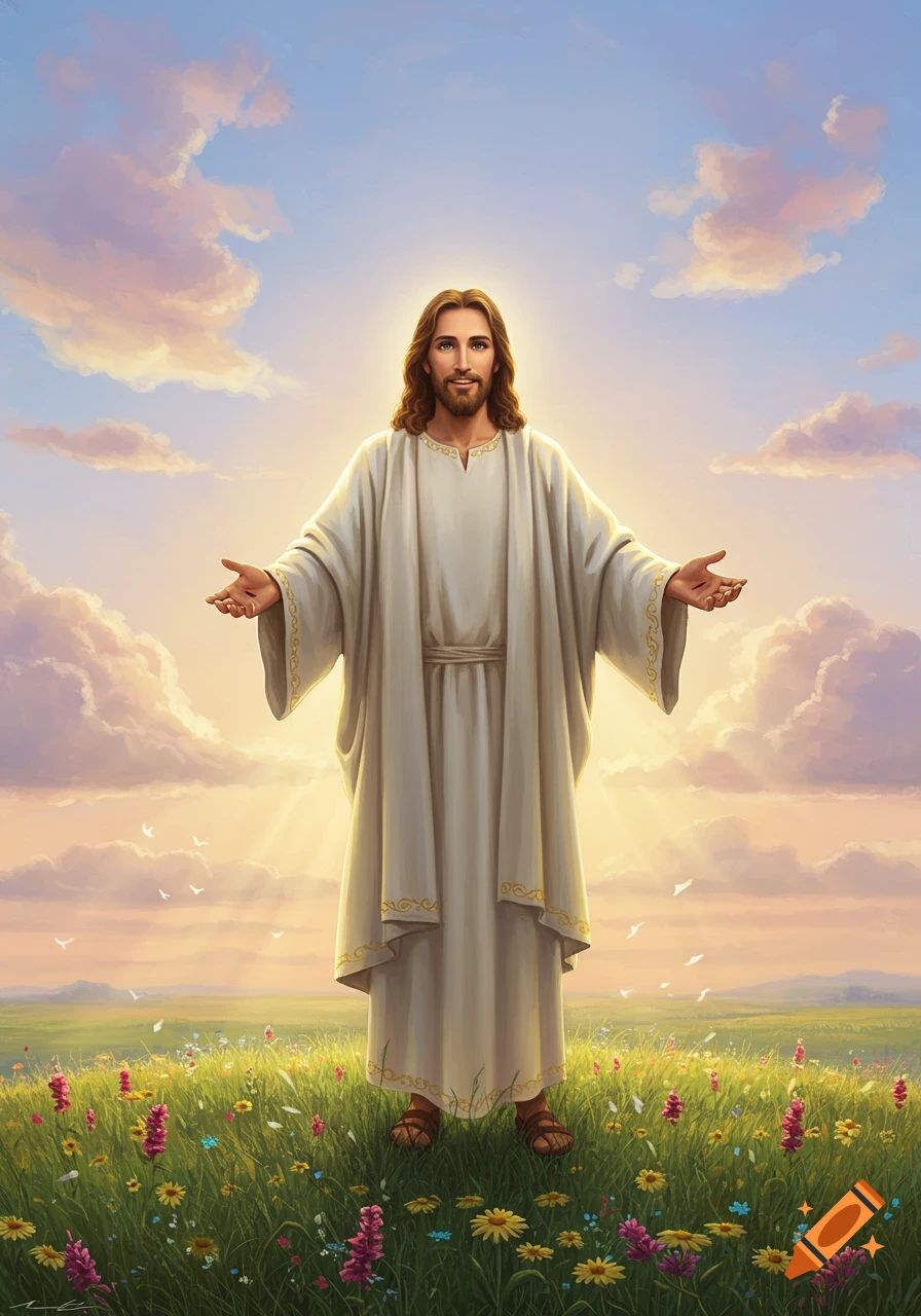 Jesus stands with open arms in a vibrant flower field under a bright, cloudy sky with sun rays.