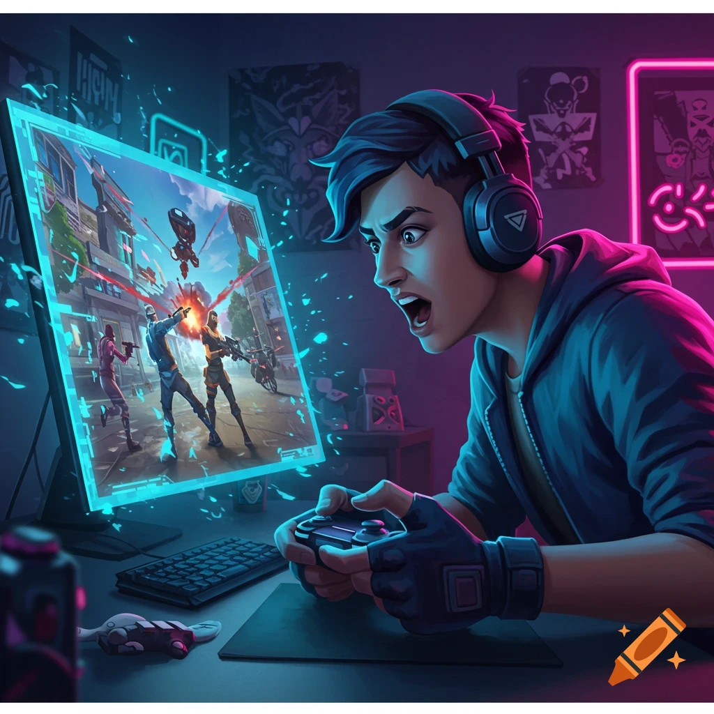 An expressive young gamer, wearing headphones, intensely playing a colorful, action-packed video game on a glowing monitor in a dark, neon-lit room.