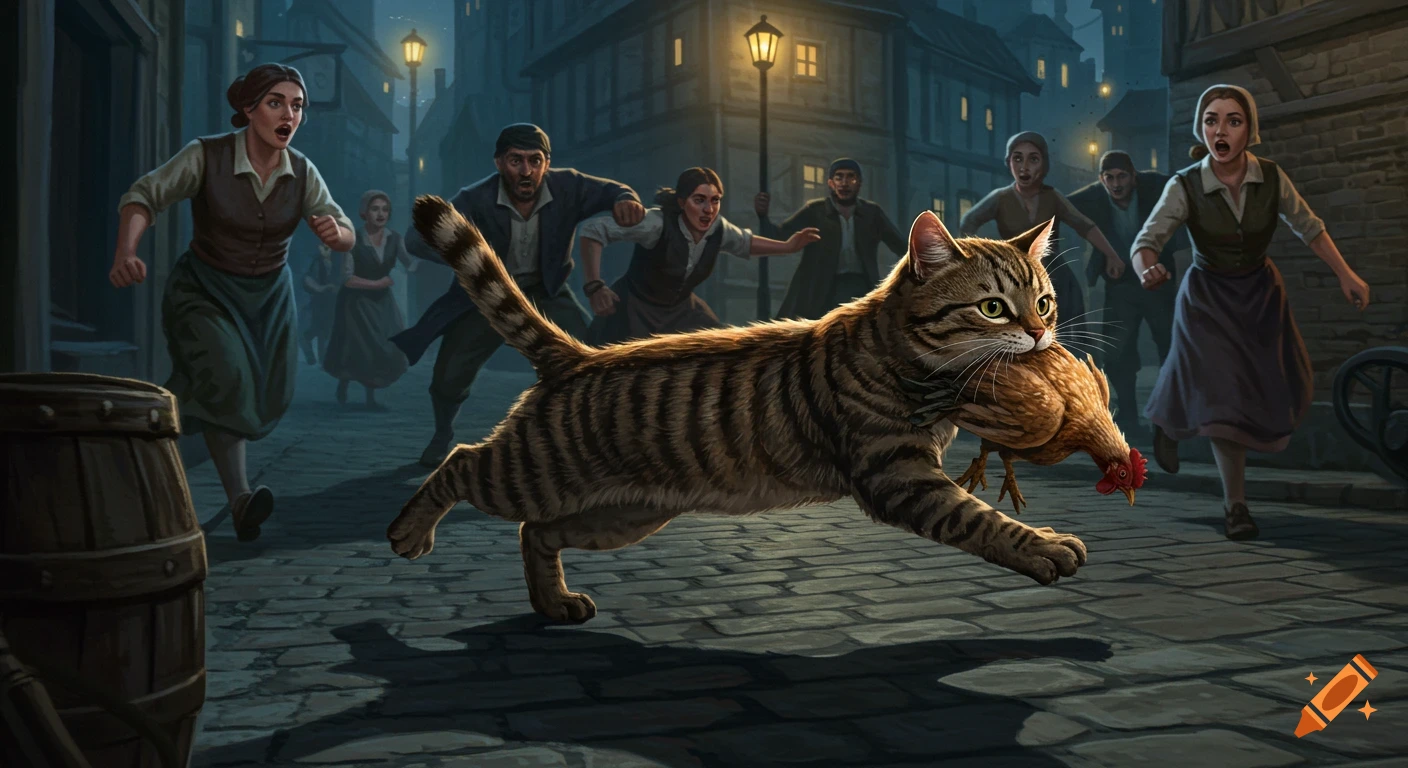 A tabby cat runs down a dimly lit cobblestone street, carrying a chicken in its mouth, while people chase it.