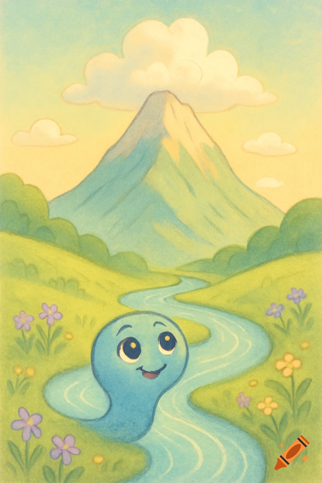 A smiling blue river character with big eyes looks up at a tall, dreamy mountain in a pastel green landscape with flowers and clouds.