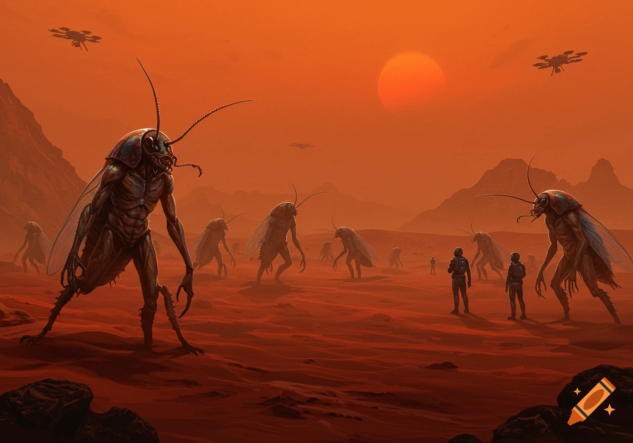 Detailed sci-fi illustration of astronauts facing giant humanoid cockroaches on a red Martian landscape under an orange sun, with drones.