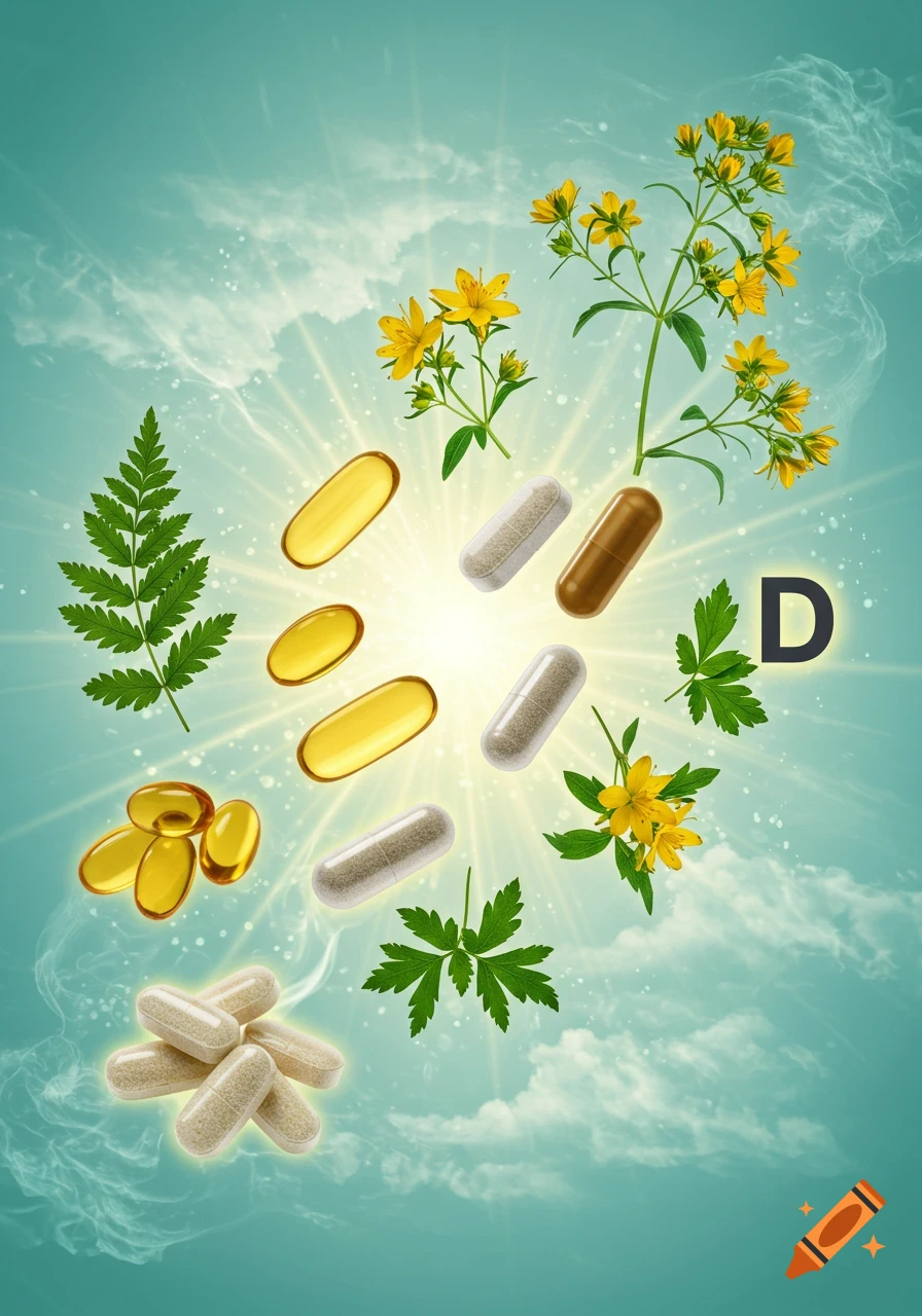 Health supplements (capsules, softgels), green leaves, and yellow flowers around a glowing center, with the letter D, on a blue sky background.