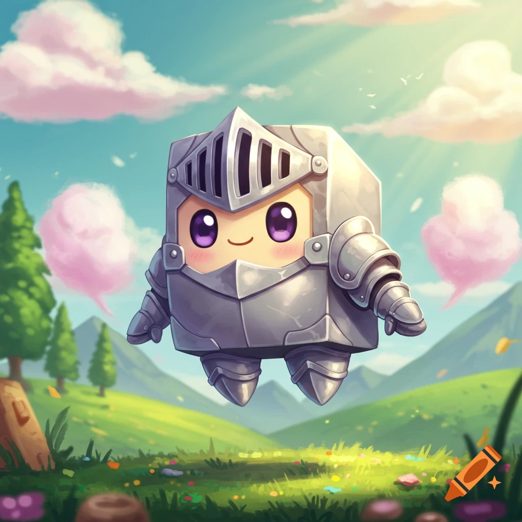 A cute, blocky knight character with big purple eyes floats in a vibrant, whimsical fantasy landscape under a bright sky with pink clouds.