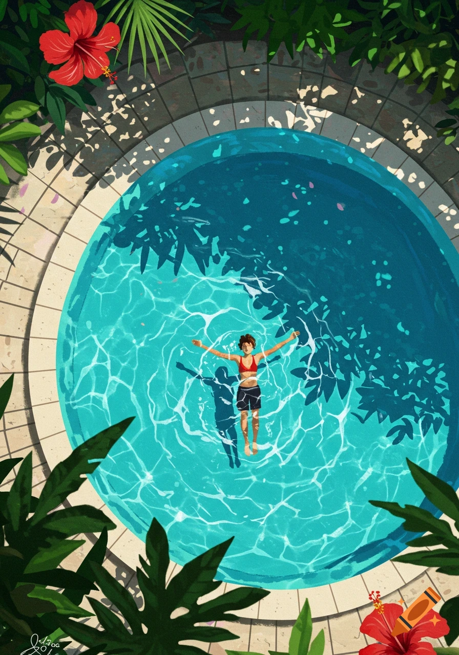 Aerial view of a person floating on their back in a bright blue swimming pool, surrounded by tropical plants and red hibiscus flowers, in an illustration style.