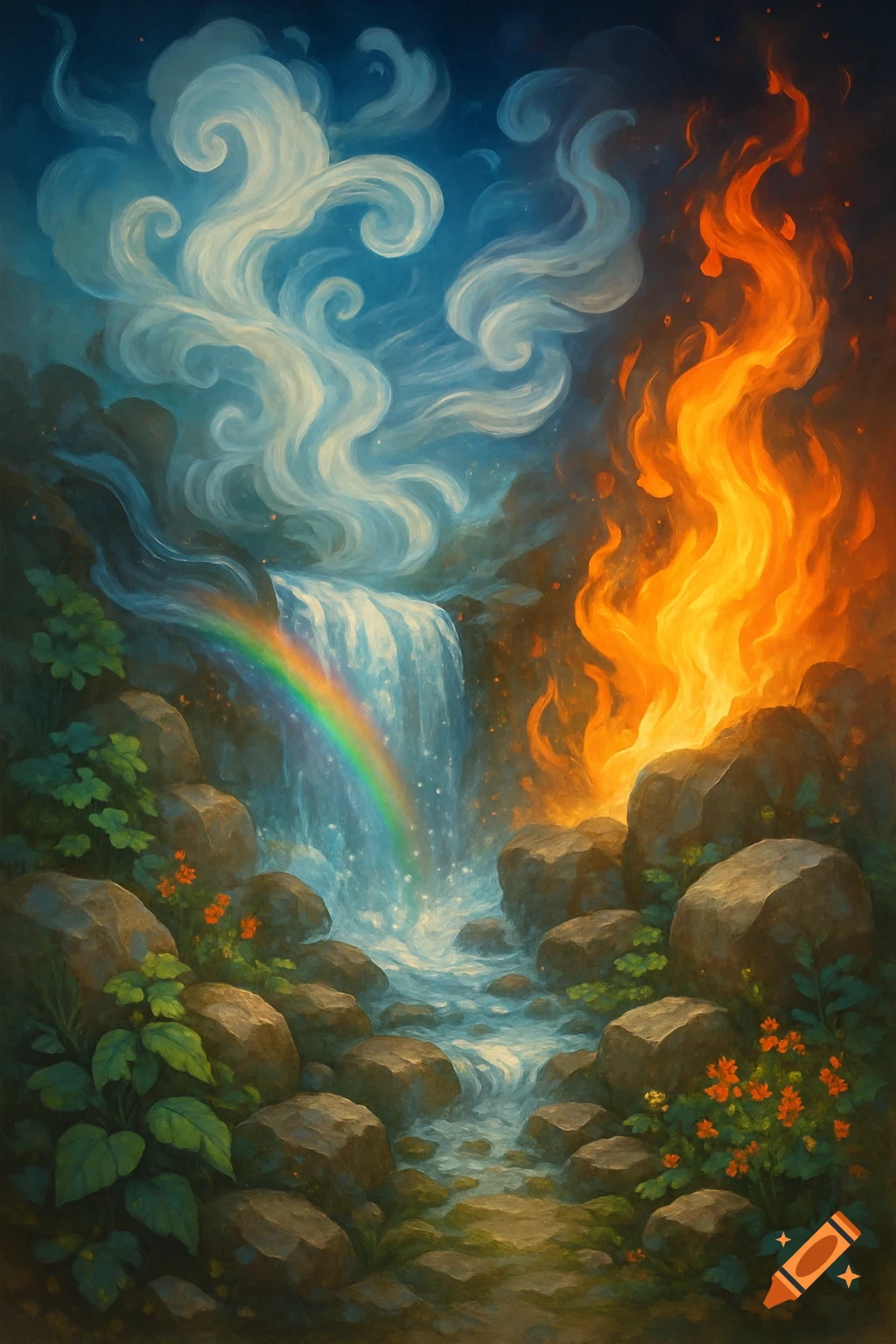 Digital painting of a fantasy landscape with a waterfall, rainbow, swirling clouds, roaring fire, rocks, and lush plants.