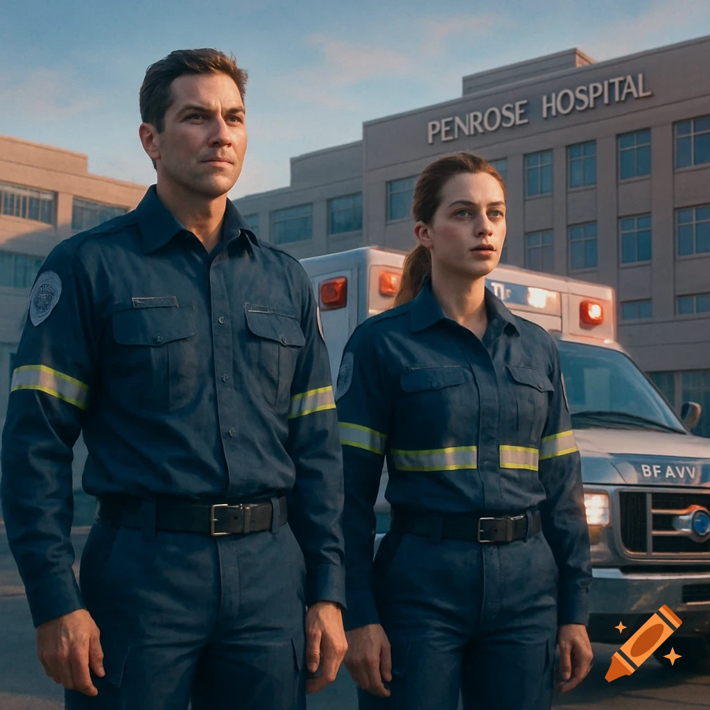A man and a woman in navy blue paramedic uniforms stand in front of an ambulance with a hospital building in the background, under a blue sky.