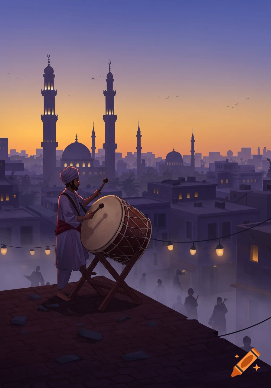 Stylized illustration of a man playing a large drum on a rooftop at dawn, overlooking a city with mosques.