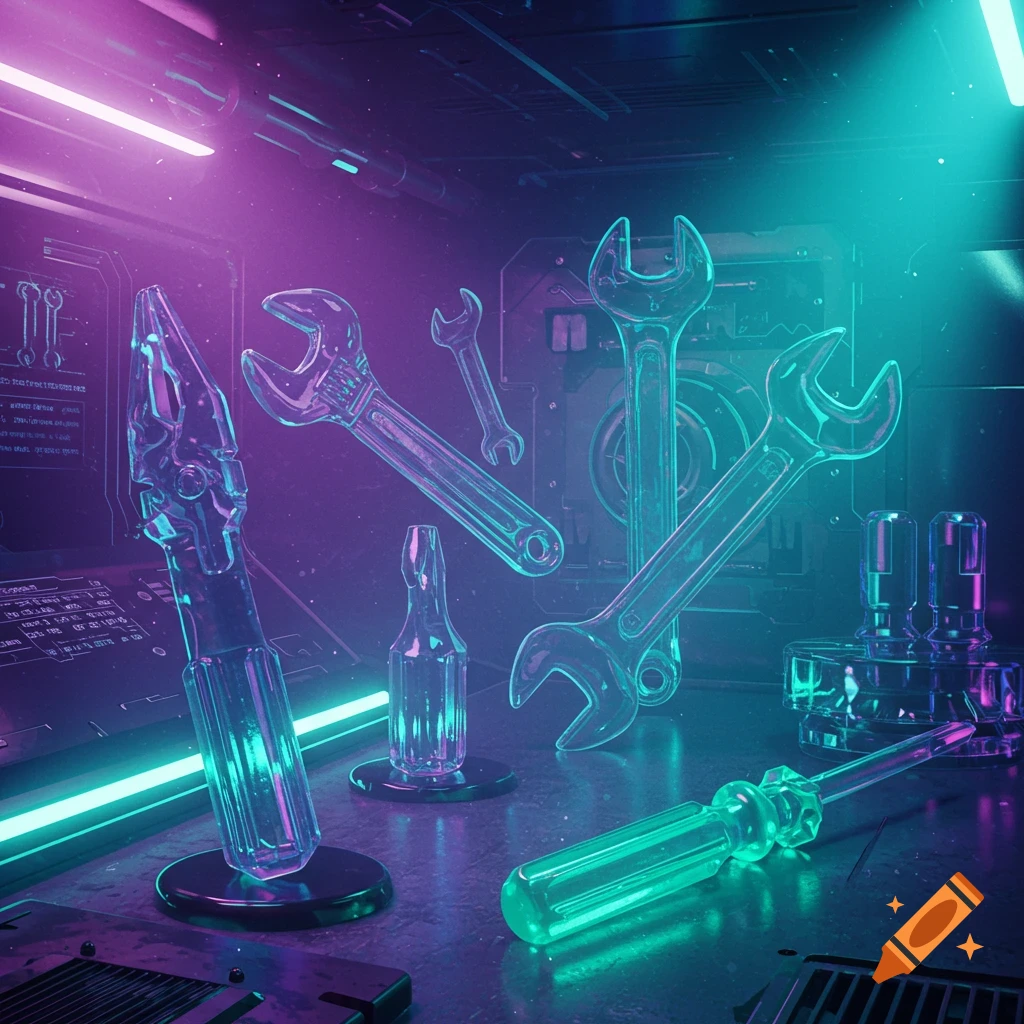 Gleaming translucent wrenches, pliers, and a screwdriver in a neon-lit, futuristic workshop.