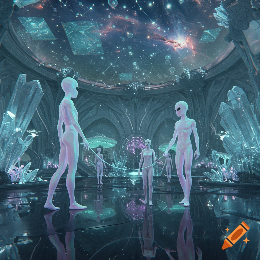 Two tall, slender, glowing pink aliens stand in a crystal-filled, futuristic hall. Smaller aliens are on leashes. A cosmic ceiling with nebulae and bubbles is visible.