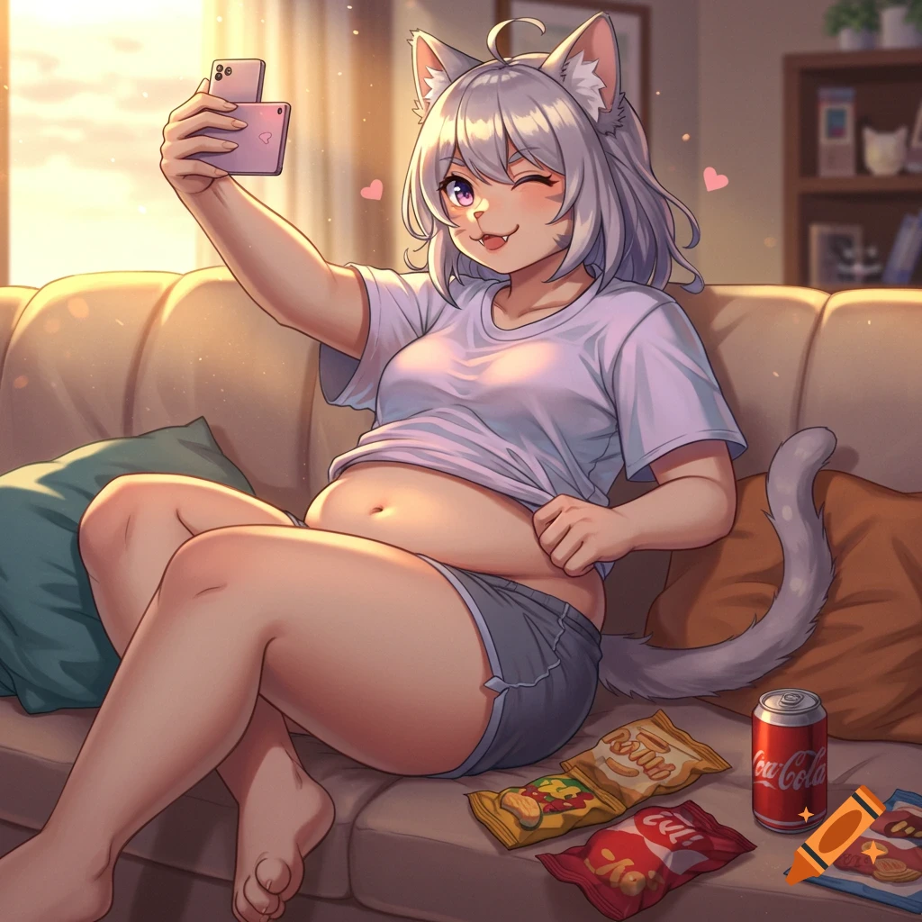 An anime cat girl with silver hair and ears takes a selfie on a couch, pulling up her shirt to show her chubby tummy. Snacks and a soda can are on the couch.