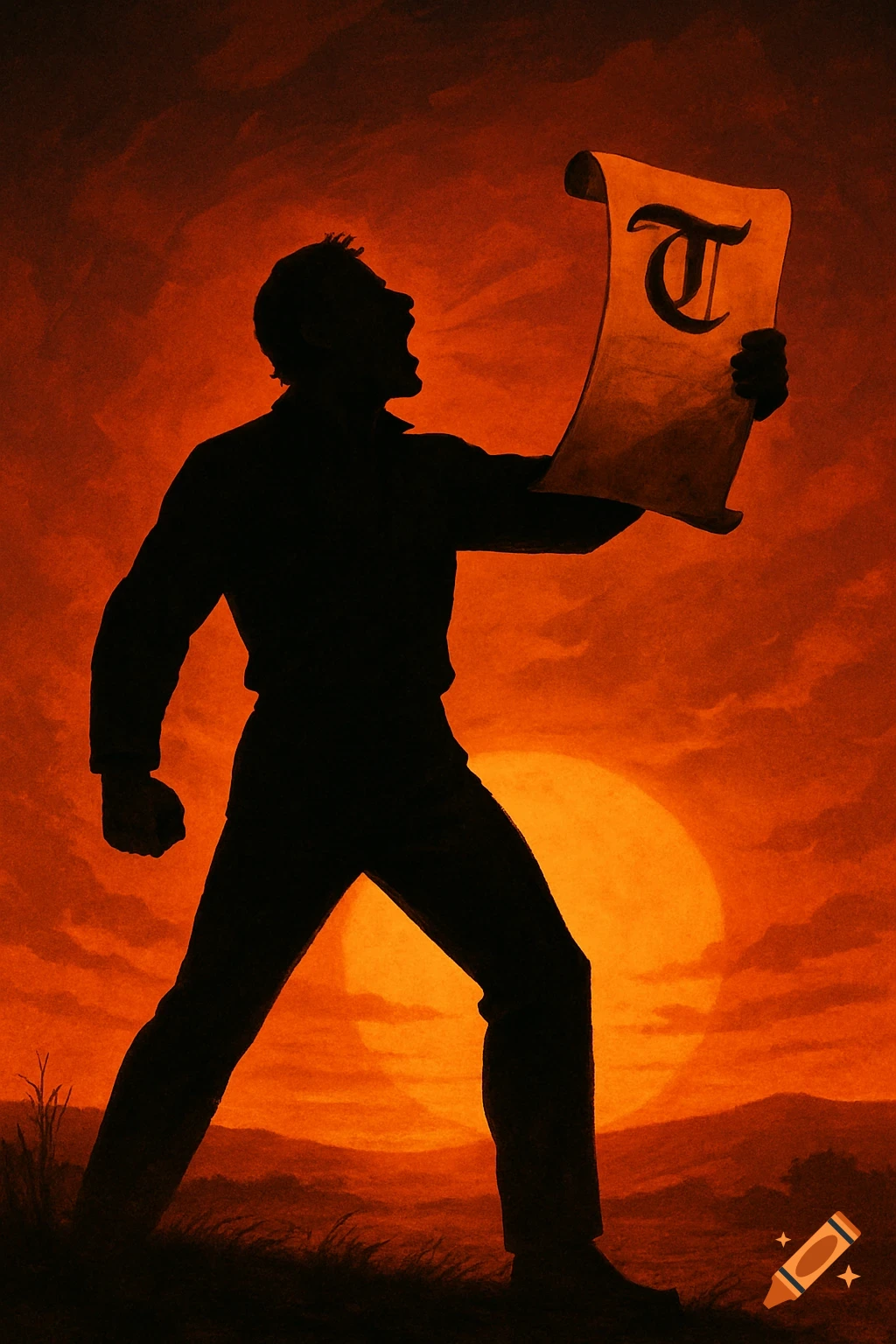 A dramatic silhouette of a man shouting, holding a scroll with a large Old English letter 'T', against a fiery orange sunset sky with a large sun.
