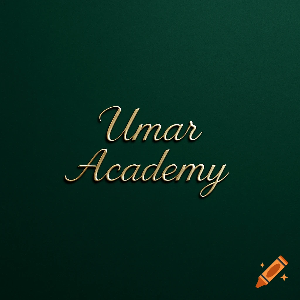 Elegant golden cursive text 'Umar Academy' with a 3D effect on a rich emerald green background.