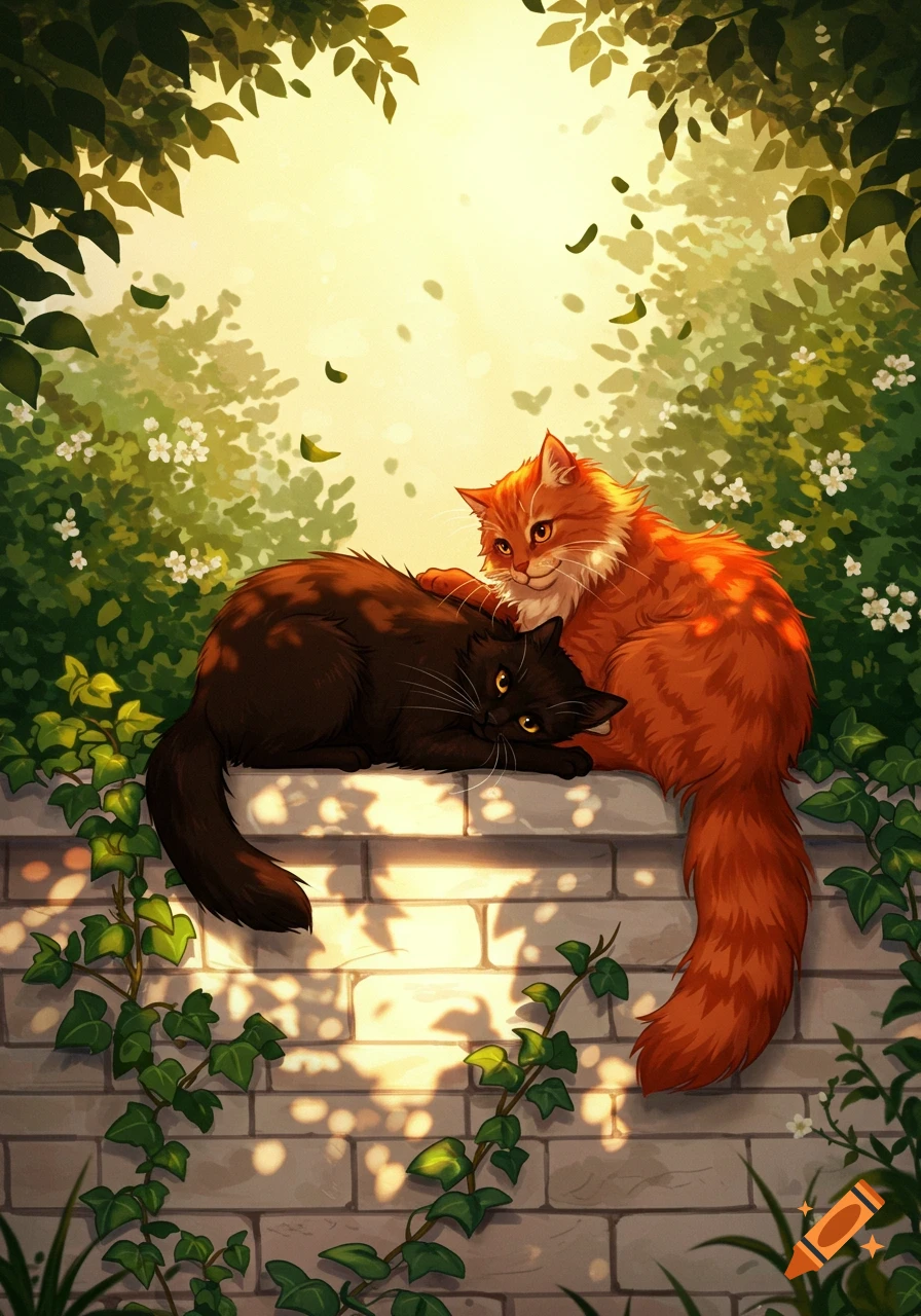 A vibrant illustration of a brown cat and an orange cat on a sunlit brick wall amidst green foliage and white flowers.