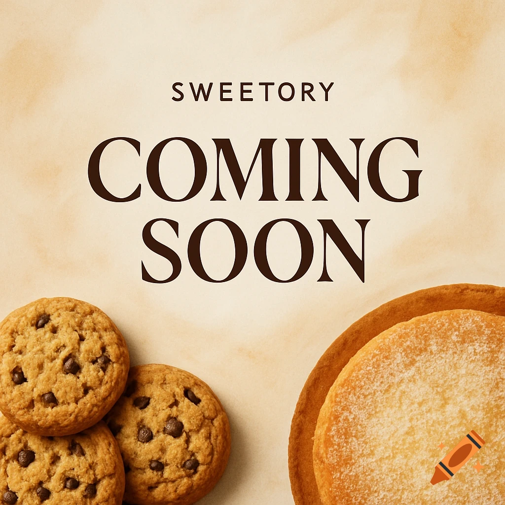 Bakery poster with chocolate chip cookies and a round cake, featuring 'SWEETORY COMING SOON' text.