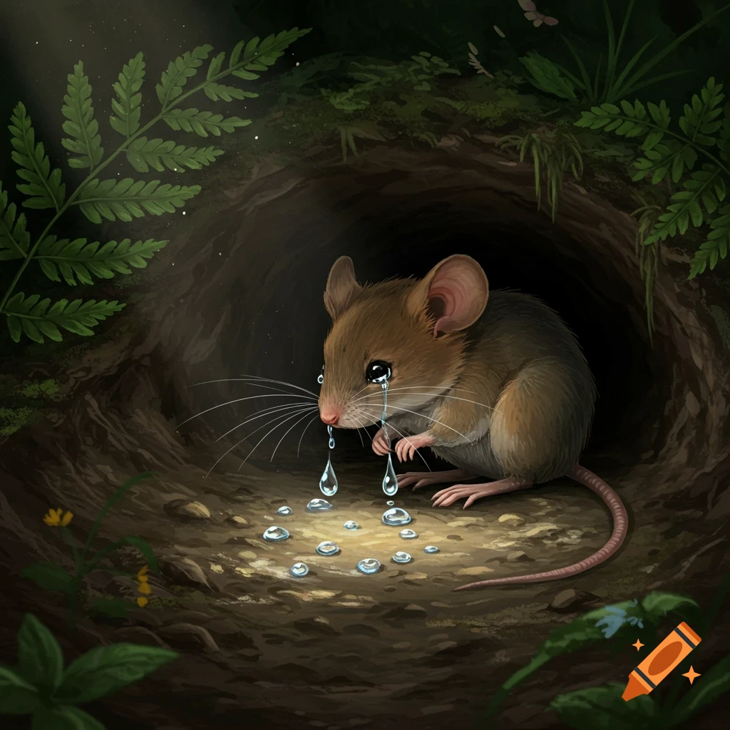 A sad brown mouse cries large tears while sitting in a dark forest burrow, with light shining through the leaves.