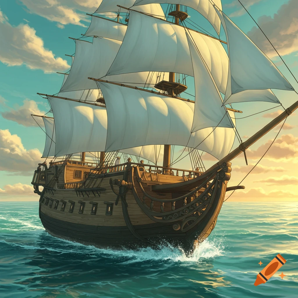 An animated sailing ship with full white sails glides through blue ocean waves under a partly cloudy sky at sunset.