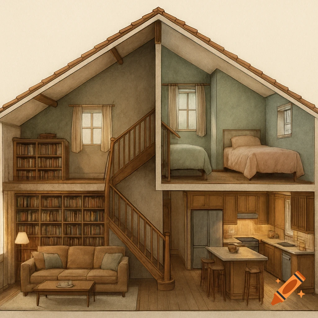 A detailed architectural cross-section of a two-story cozy house with a living room, kitchen, and two bedrooms, in an illustration style.