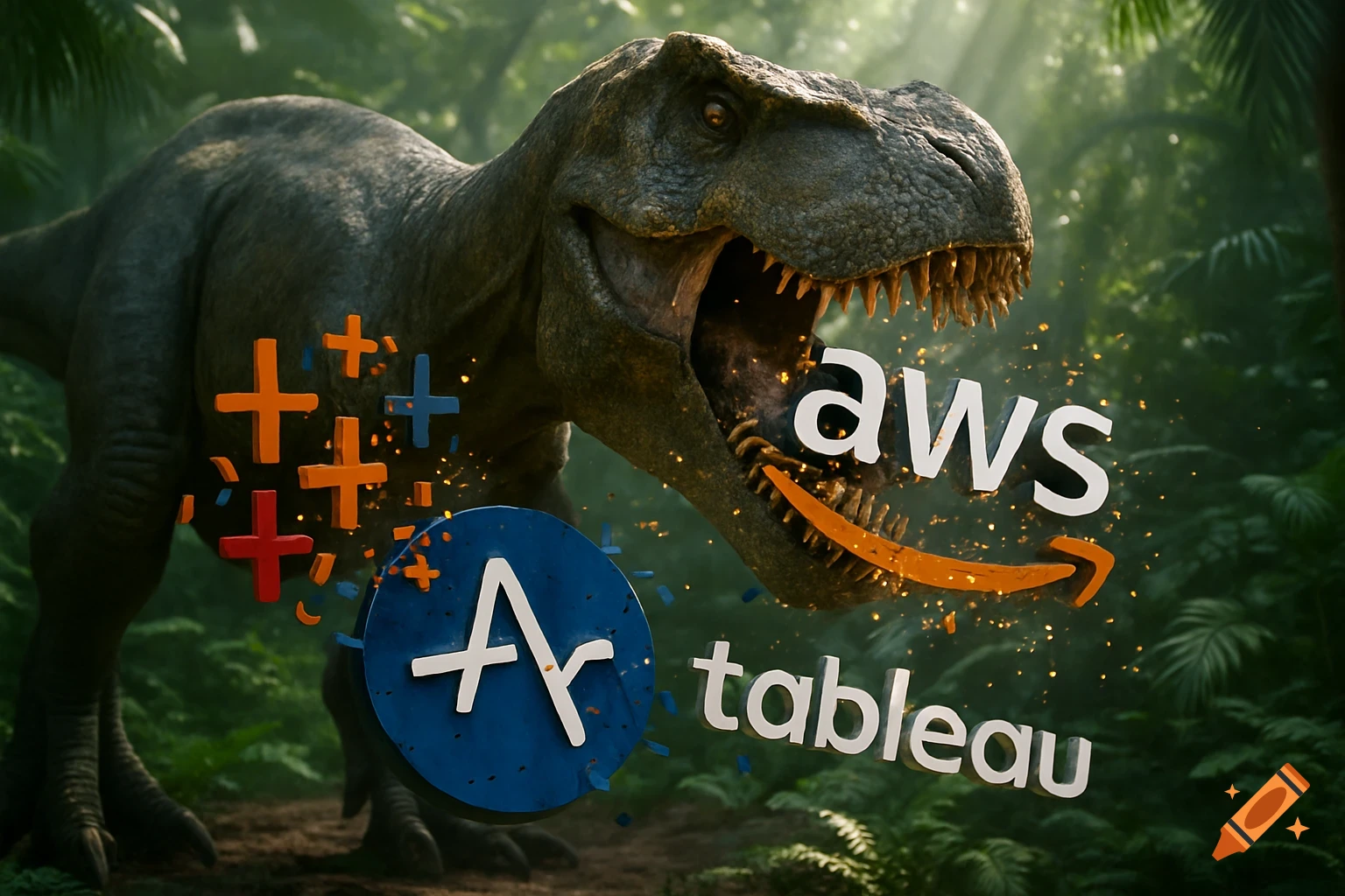 A realistic T-Rex in a lush jungle, roaring at and surrounded by the AWS, Tableau, and Amplitude logos.