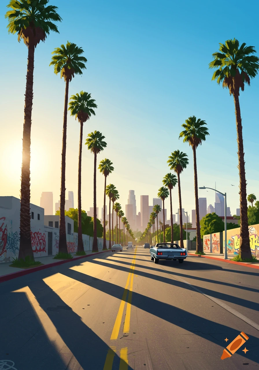 A stylized Los Angeles street scene with palm trees lining the road, cars, and a distant city skyline at sunset.