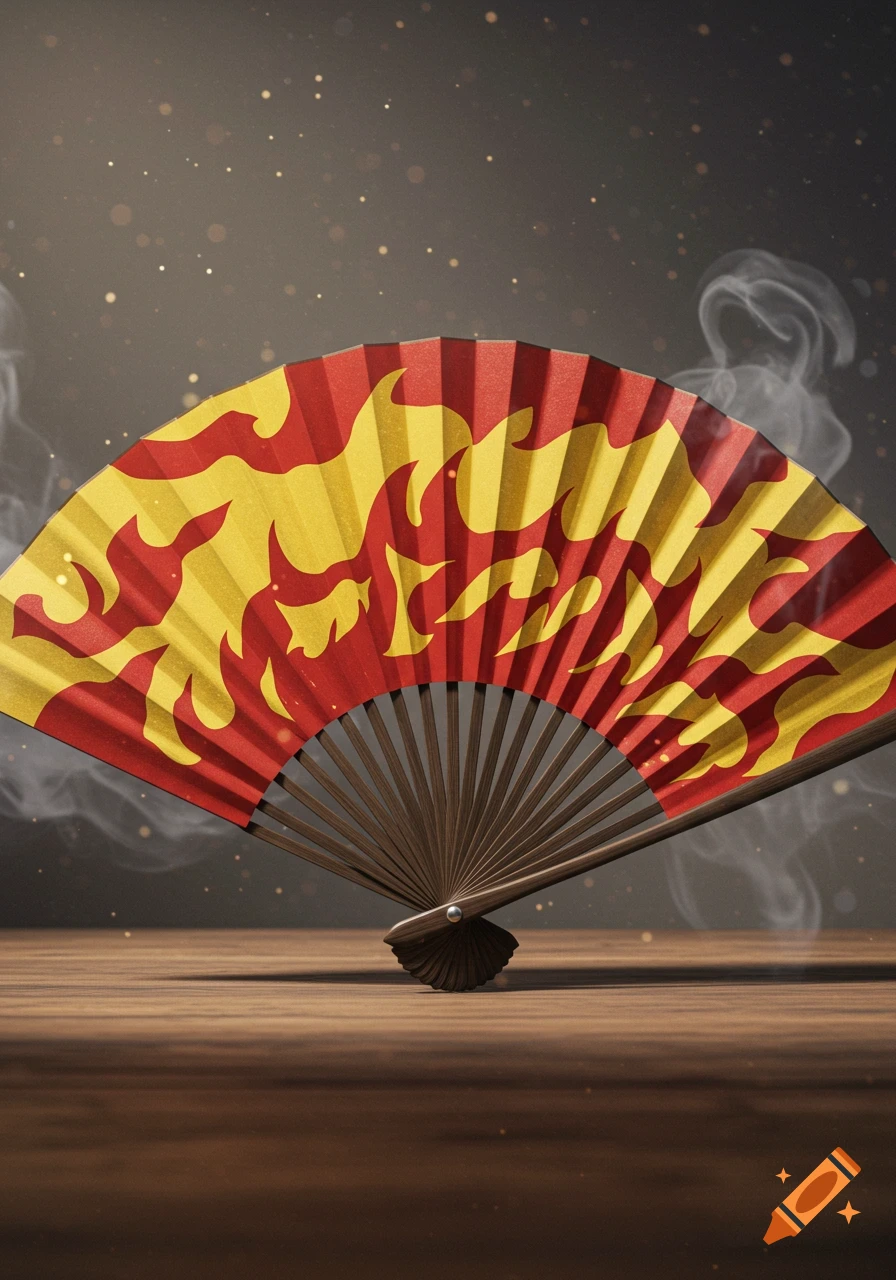 A folding fan with a red and yellow flame pattern inspired by Demon Slayer's Rengoku, on a wooden table with smoky background.