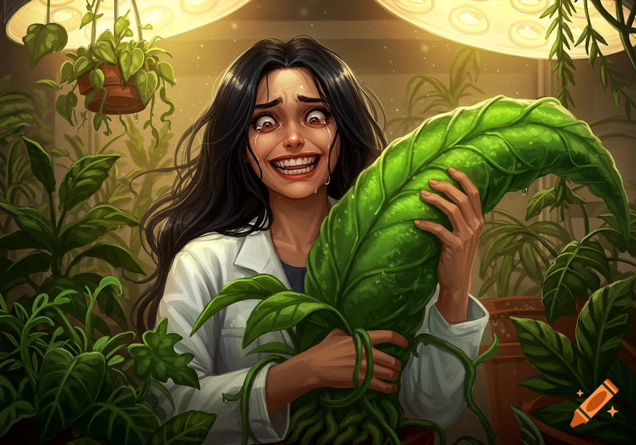 A woman in a lab coat cries and laughs maniacally while holding a huge plant, surrounded by other plants under grow lights in a digital illustration.