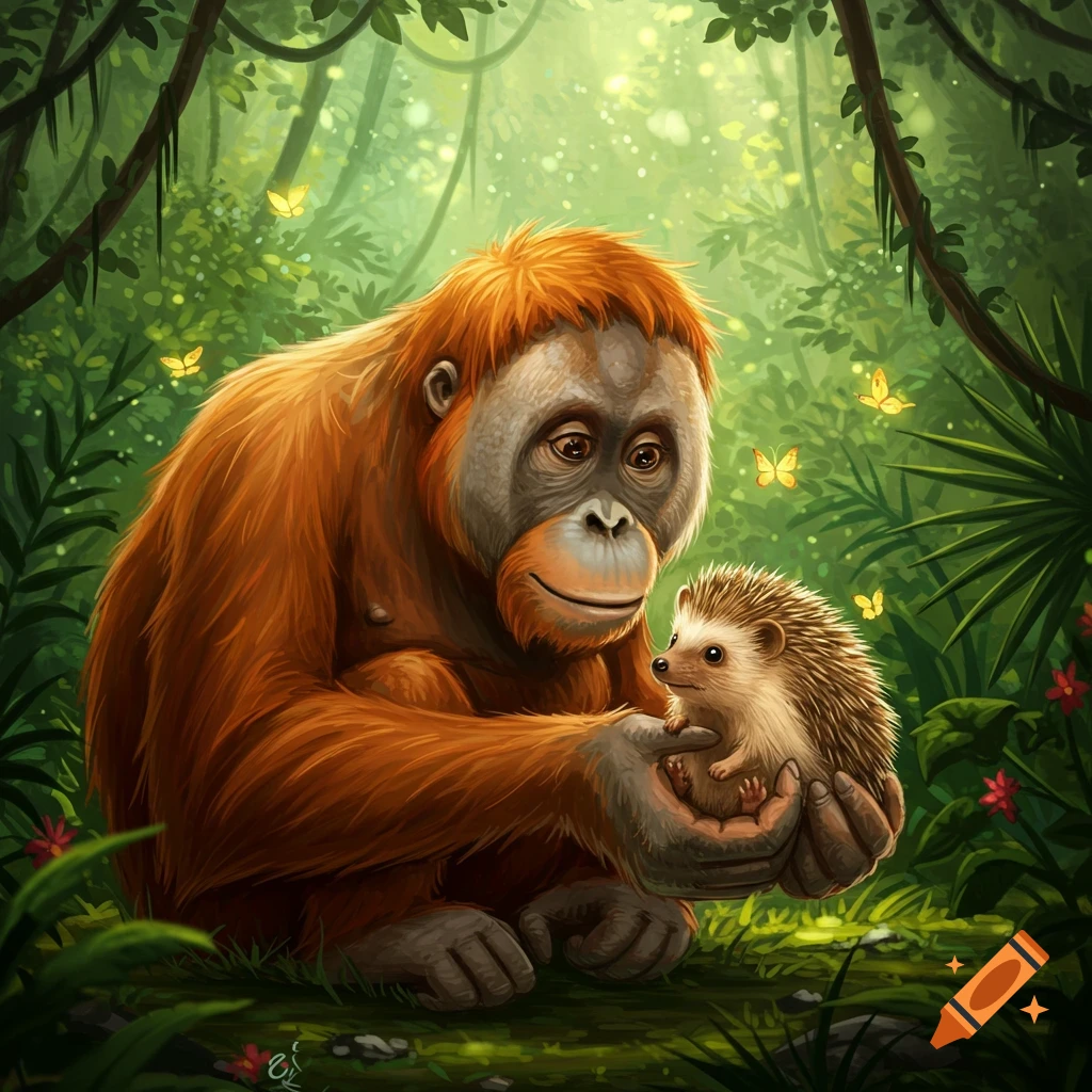 A friendly orangutan gently holds a small hedgehog in its hands in a lush, sun-dappled jungle setting with butterflies.